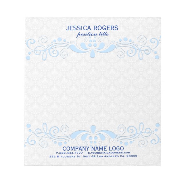 White Damasks With Blue Floral Swirls Lace Notizblock (Vorderseite)