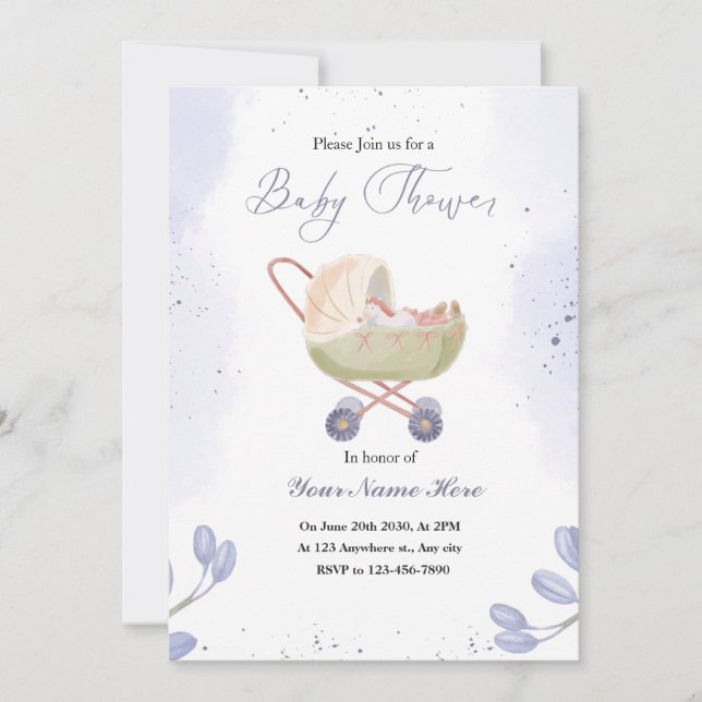White Dark Purple Bébé Douche Invitations (Devant)