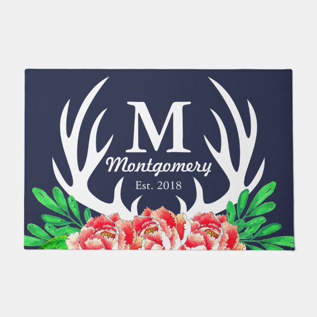 White Deer Antlers Wassercolour Peony - Personalis Fußmatte (Vorderseite)