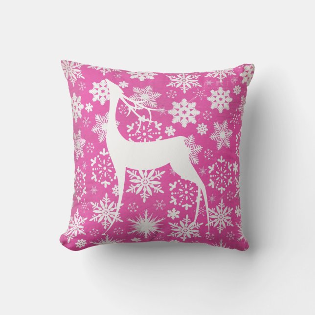 White Deer et Snowflakes sur Pink Holiday Coussin (Recto)