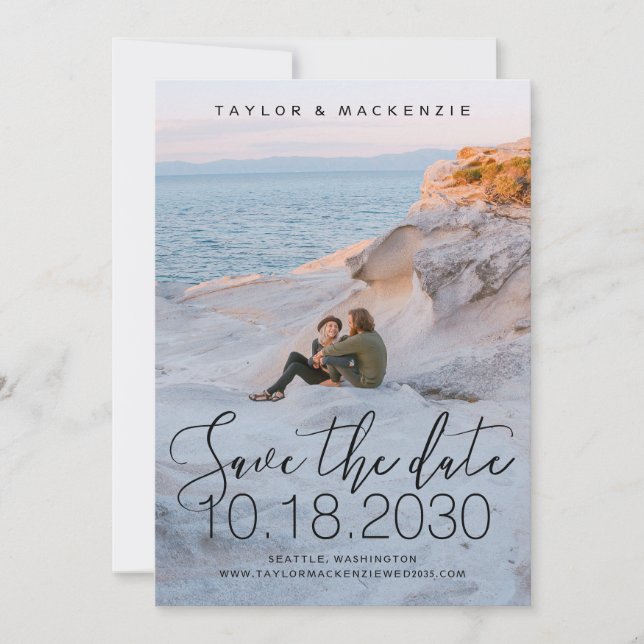 White Delicate Thin Script Foto Save the Date (Vorderseite)