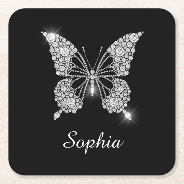 White Diamond Butterfly, DIY Script Name, Black Rechteckiger Pappuntersetzer (Vorderseite)