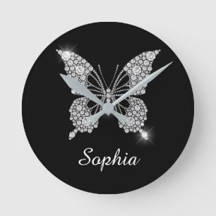 White Diamond Butterfly, DIY Script Name, Black Runde Wanduhr