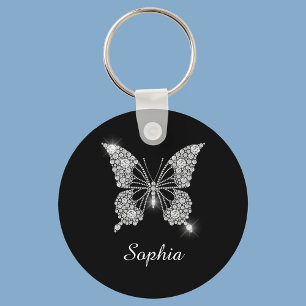 White Diamond Butterfly, DIY Script Name, Black Schlüsselanhänger
