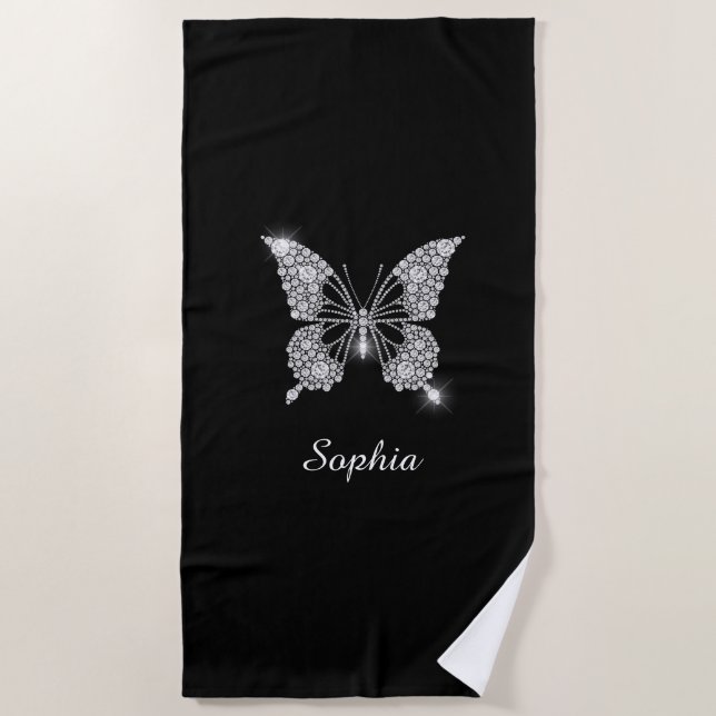 White Diamond Butterfly, DIY Script Name, Black Strandtuch (Vorderseite)