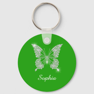 White Diamond Butterfly, DIY Script Name, Green Schlüsselanhänger