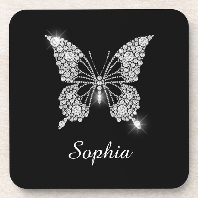 White Diamond Butterfly, Script Name, Black Getränkeuntersetzer (Vorderseite)