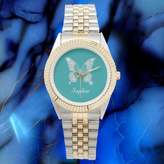 White Diamond Butterfly, Script Name, Deep Aquamar Armbanduhr (Von Creator hochgeladen)