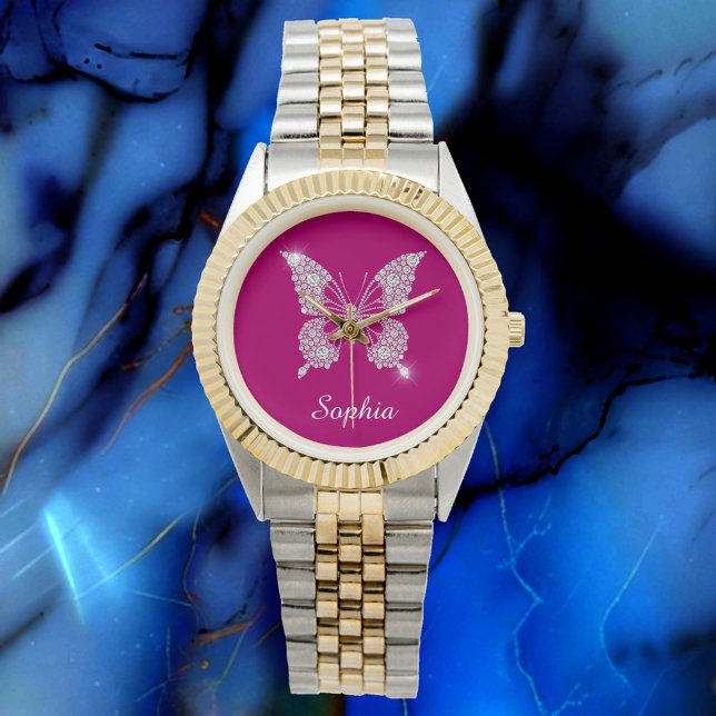 White Diamond Butterfly, Script Name, Deep Fuchsia Armbanduhr (Von Creator hochgeladen)