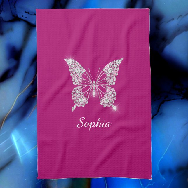 White Diamond Butterfly, Script Name, Deep Fuchsia Geschirrtuch (Von Creator hochgeladen)