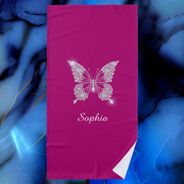 White Diamond Butterfly, Script Name, Deep Fuchsia Strandtuch (Von Creator hochgeladen)