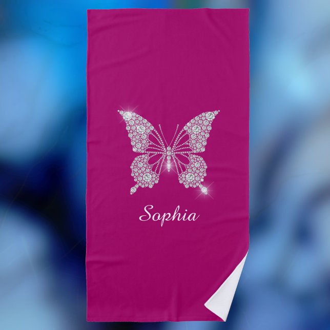 White Diamond Butterfly, Script Name, Deep Fuchsia Strandtuch (Von Creator hochgeladen)