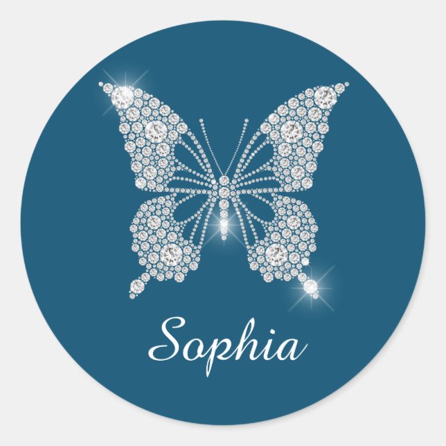 White Diamond Butterfly, Script Name, Ocean Blue Runder Aufkleber (Vorderseite)