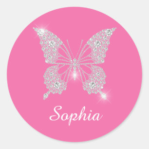 White Diamond Butterfly, Script Name, Pink Runder Aufkleber
