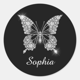 White Diamond Butterfly, White Script Name Runder Aufkleber