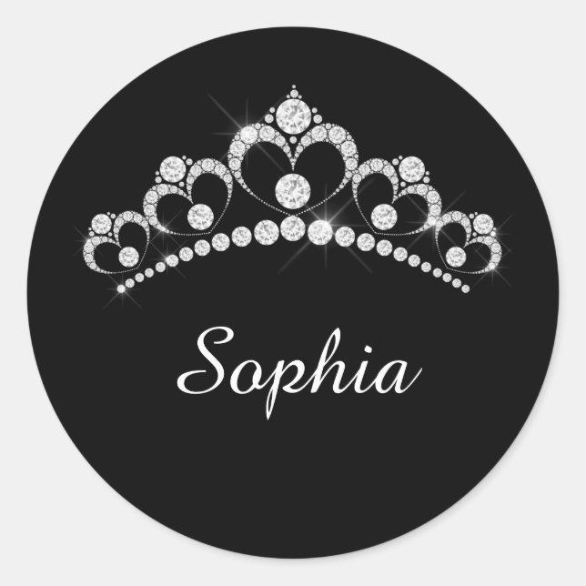 White Diamond Crown, DIY Script Name, Black Runder Aufkleber (Vorderseite)