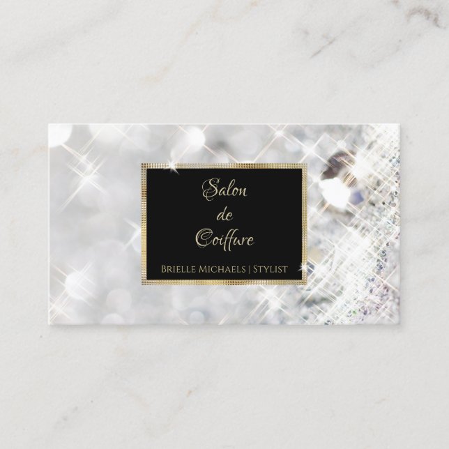 White Diamond Glitzer Black and Gold Hair Salon Visitenkarte (Vorderseite)