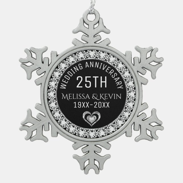 White Diamonds 25. Hochzeitsszenario Schneeflocken Zinn-Ornament (Vorderseite)