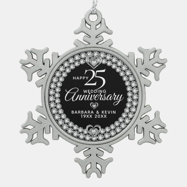 White Diamonds 25. Silberhochzeit Schneeflocken Zinn-Ornament (Vorderseite)