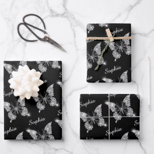 White Diamonds Butterfly, Sparkle, DIY Name, Black Geschenkpapier Set