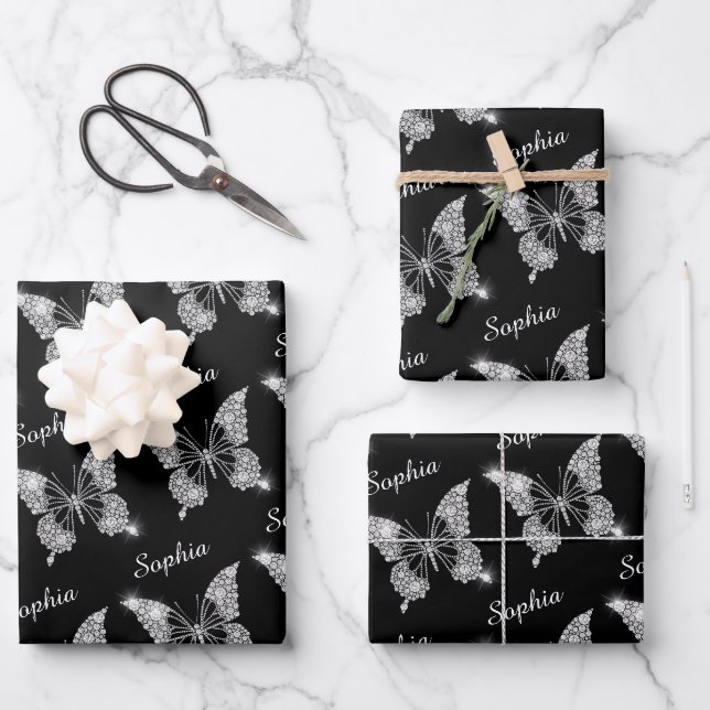 White Diamonds Butterfly, Sparkle, DIY Name, Black Geschenkpapier Set (Vorderseite)