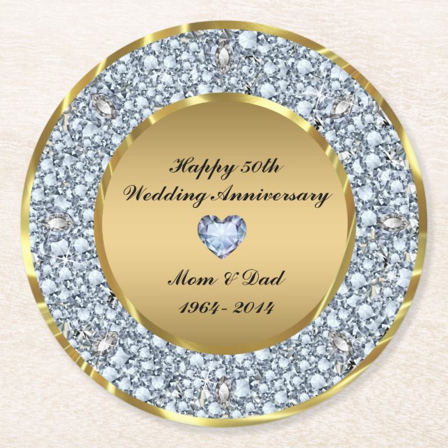 White Diamonds & Gold 50 Jahre Hochzeit Runder Pappuntersetzer (Vorderseite)