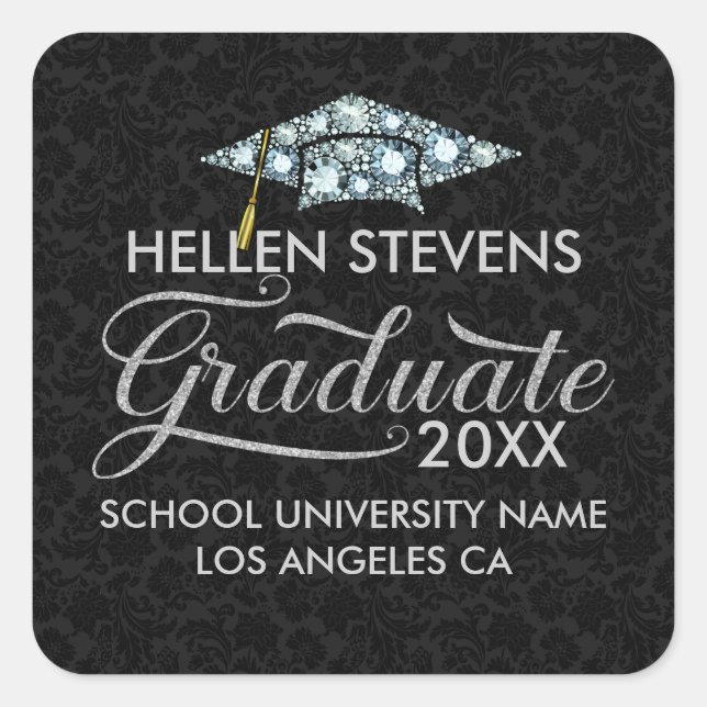 White Diamonds Grad Hat Graduate Typografie Quadratischer Aufkleber (Vorderseite)