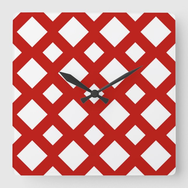 White Diamonds on Red Quadratische Wanduhr (Vorderseite)
