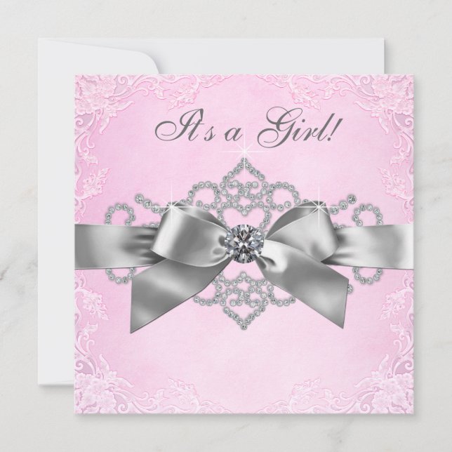 White Diamonds Pink und Grau Baby Dusche Einladung (Vorderseite)
