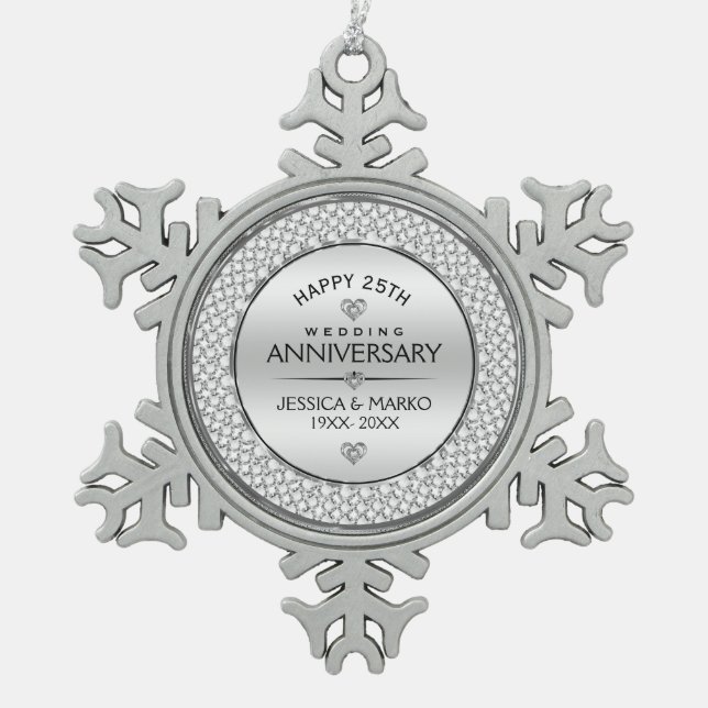 White Diamonds & Silver 25. Hochzeit Schneeflocken Zinn-Ornament (Vorderseite)