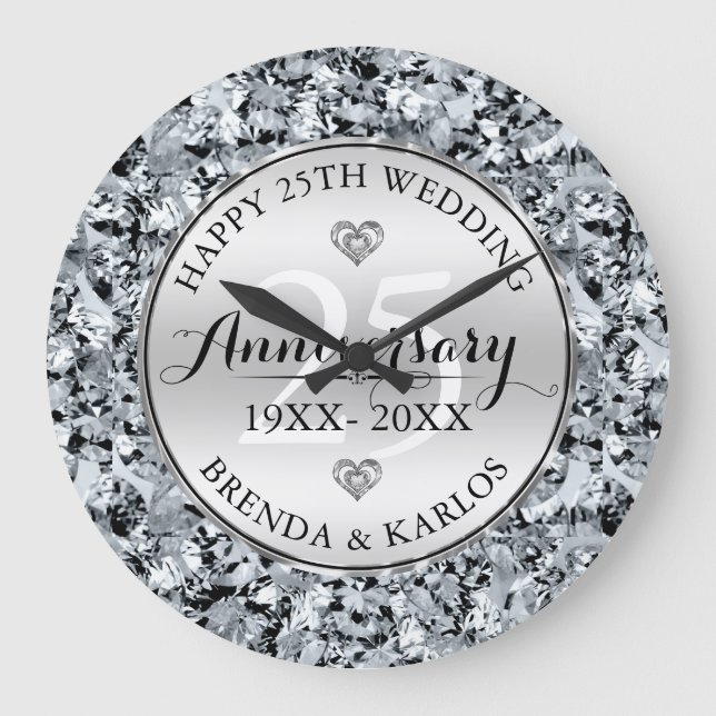 White Diamonds Silver Wedding Jubiläum Große Wanduhr (Vorderseite)