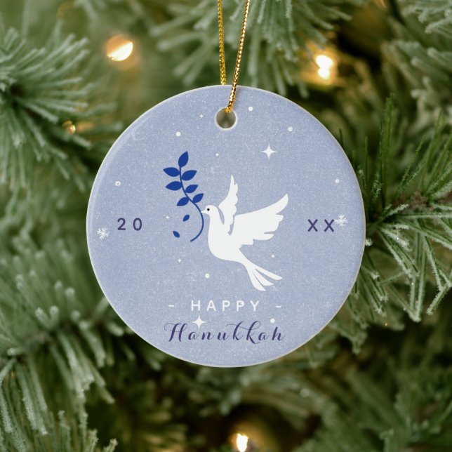 White Dove Happy Hanukkah Year Chrismukkah Keramik Ornament (Baum)