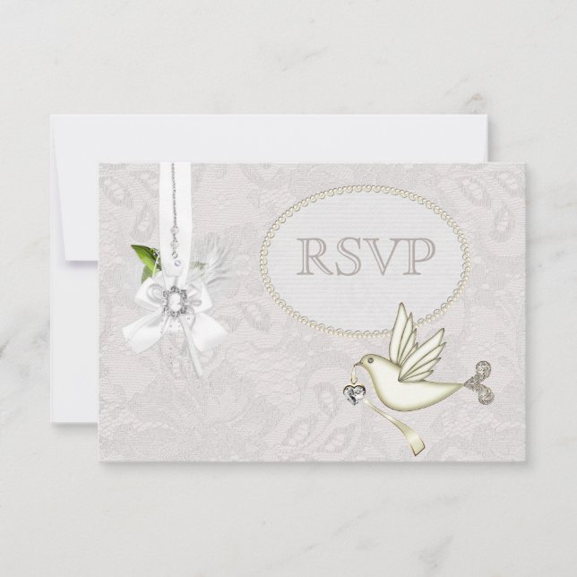 White Dove Paisley Lace & Cameo Bow Mariage RSVP (Devant)