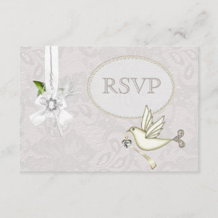 White Dove Paisley Lace & Cameo Bow UAWG Wedding RSVP Karte