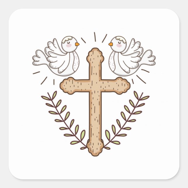 White Dove Religious Cross Taufen Christening Quadratischer Aufkleber (Vorderseite)