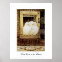 WHITE DOVES AT THE WINDOW,antique brown yellow