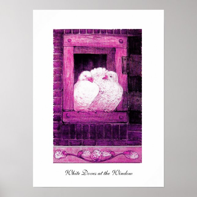WHITE DOVES AT THE WINDOW, pink purple violet Poster (Vorne)