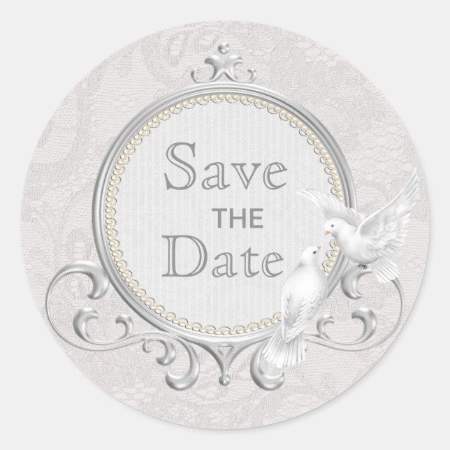 White Doves & Paisley Lace Save the Date Hochzeit Runder Aufkleber (Vorderseite)