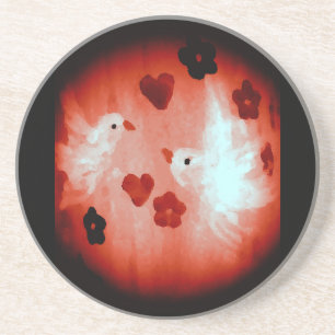 White Doves Red Hearts Love Birds Sandstein Untersetzer