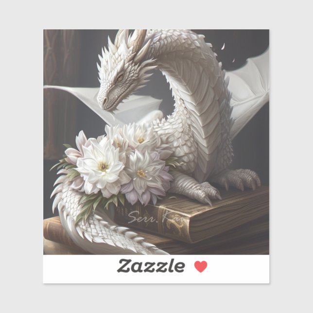 White Dragon on Books Sticker (Blatt)