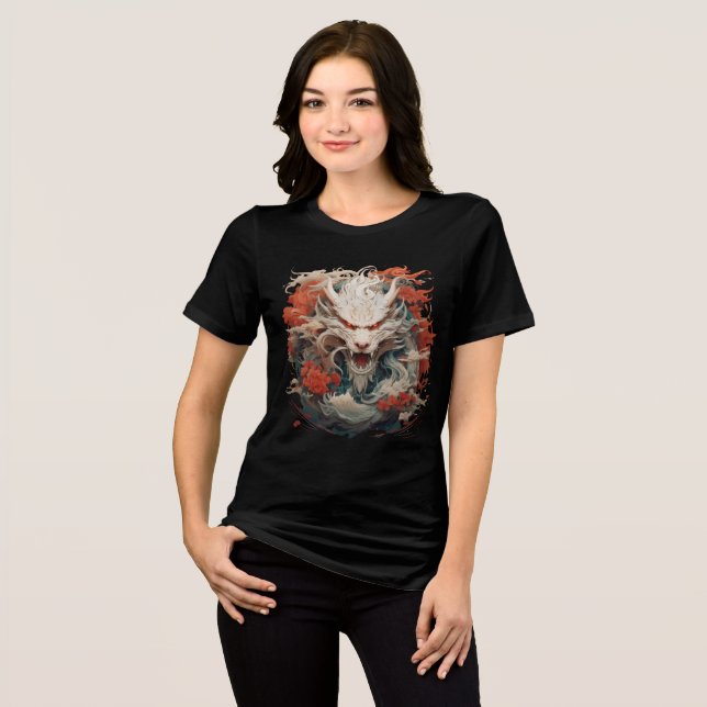 White Dragon Spirit with Crimson Peonies Tri-Blend Shirt (Vorderseite voll)