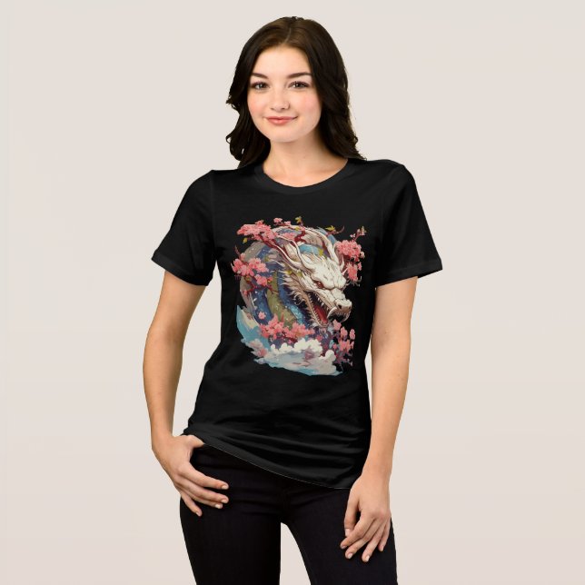 White Dragon with Blossoms Fantasy Art Tri-Blend Shirt (Vorderseite voll)