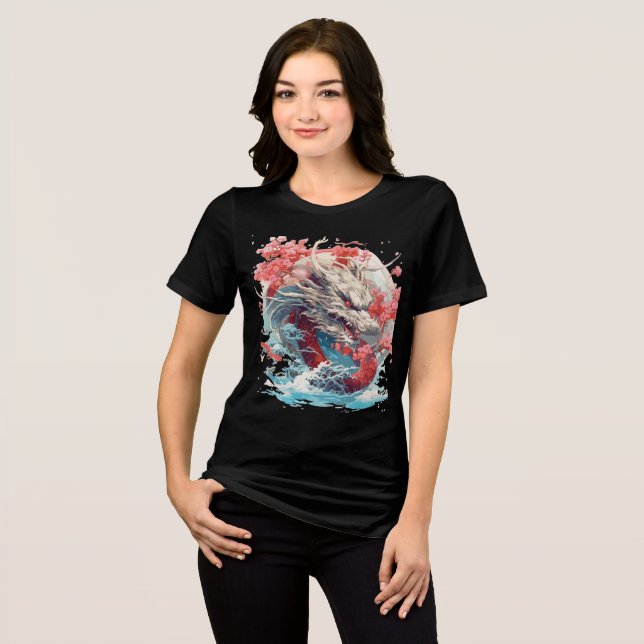 White Dragon with Waves and Sakura Tri-Blend Shirt (Vorderseite voll)