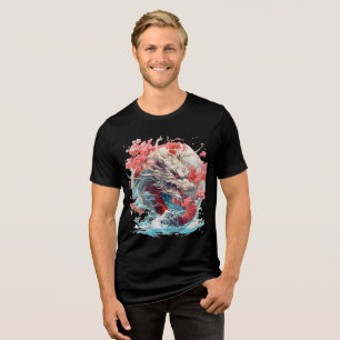 White Dragon with Waves and Sakura Tri-Blend Shirt