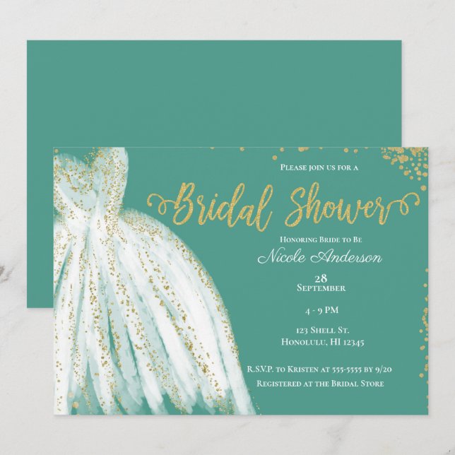 White Dress & Gold Glitzer Aquamarines Brautparty Einladung (Vorne/Hinten)
