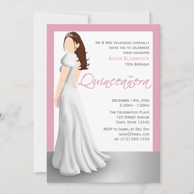 White Dress & Tiara Pink Quinceñera Einladungen (Vorderseite)