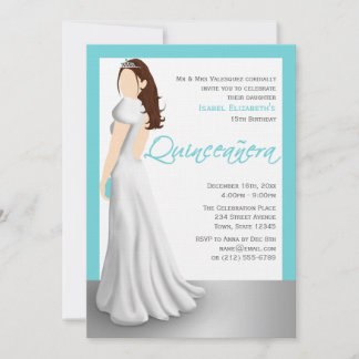 White Dress Tiara Turquoise Quinceañera Einladung