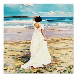 White Dress Walking auf der ruhigen Strandpromenad Poster