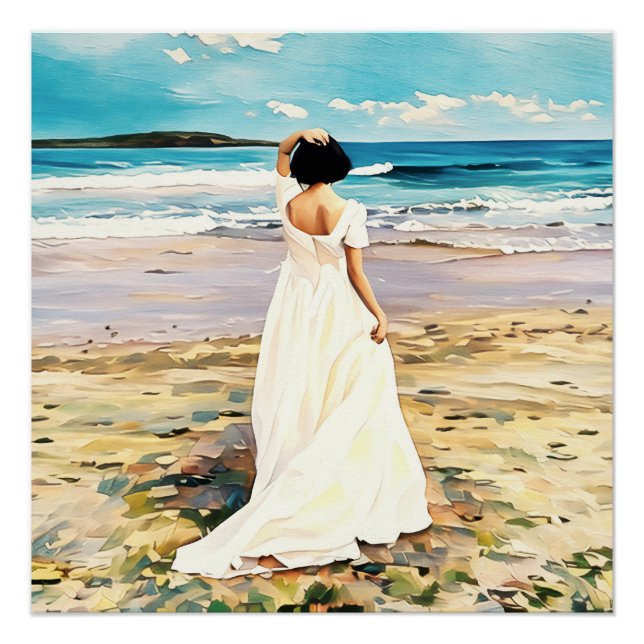 White Dress Walking auf der ruhigen Strandpromenad Poster (Vorderseite)