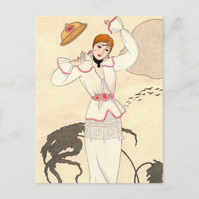 White Dress with Rose Belt by George Barbier Postkarte (Vorderseite)